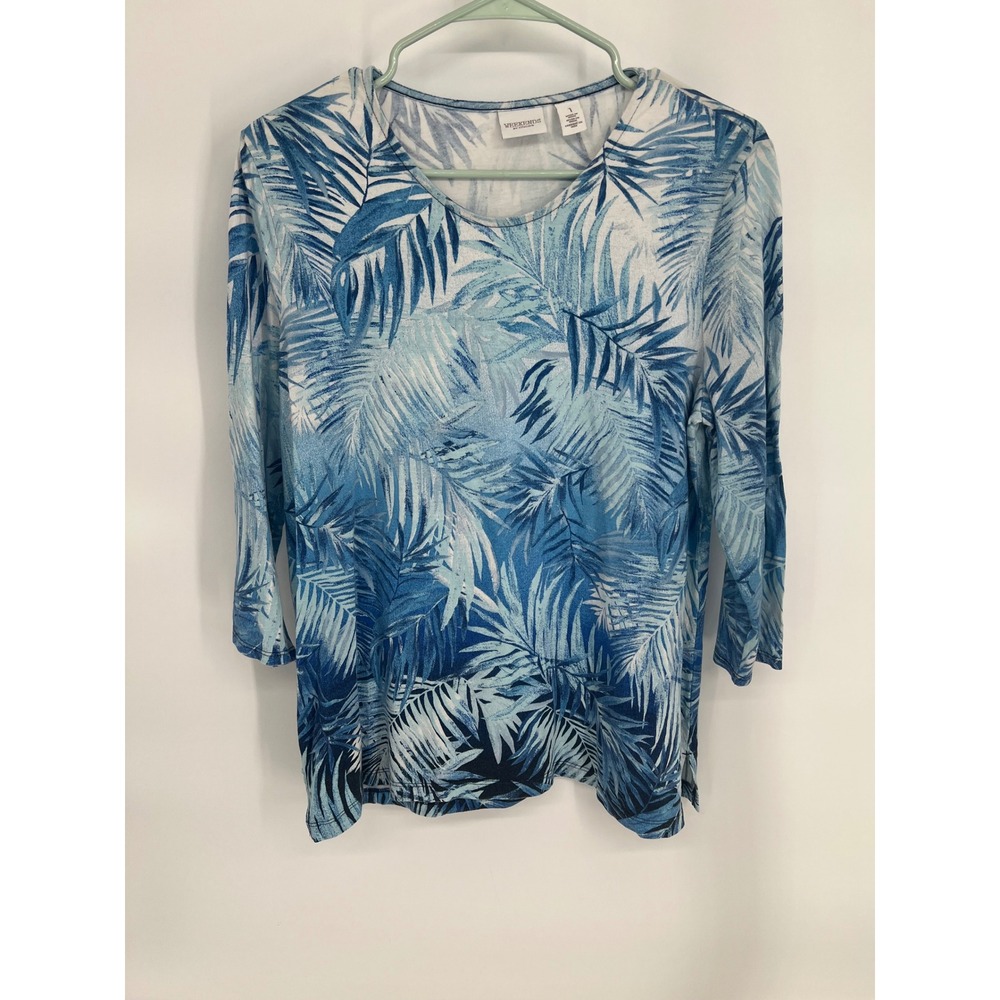 Weekends by Chico's Blue Tropical Palm Leaf Print 3/4 Sleeve Scoop Neck Top Sz 1